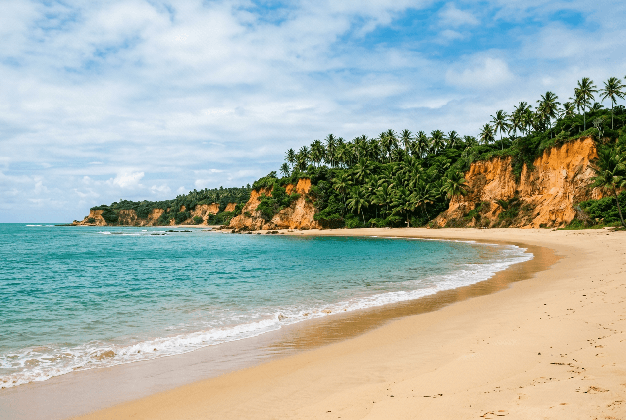 Paisagem de praia com coqueiros e falésias, inspirada no litoral sul da Paraíba